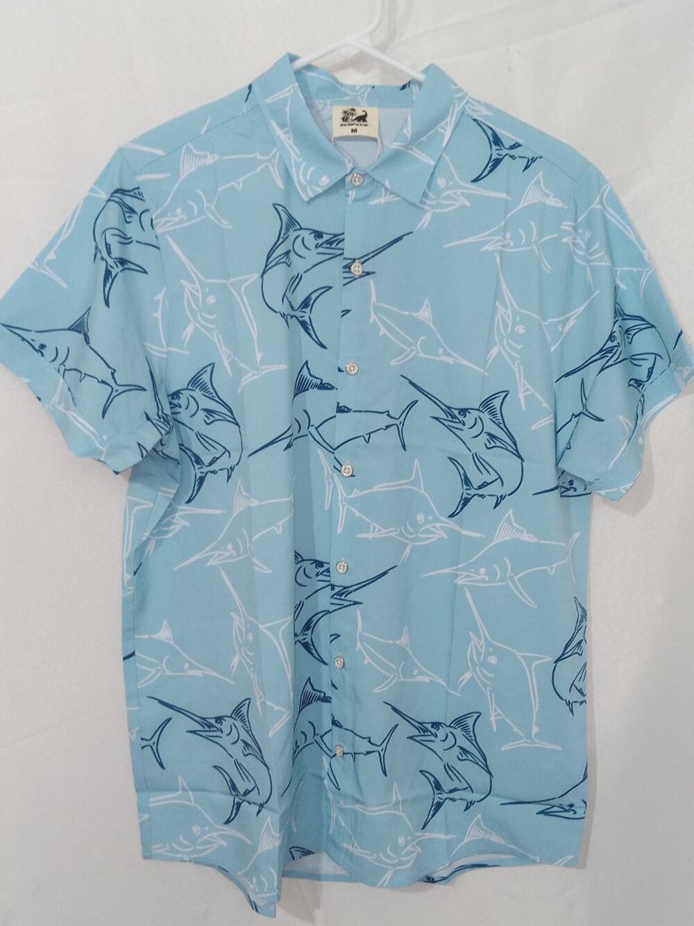 Surfcuz Marlin Fish Button Up Shirt Men's Medium Blue Hawaiian Beach NWT Coastal